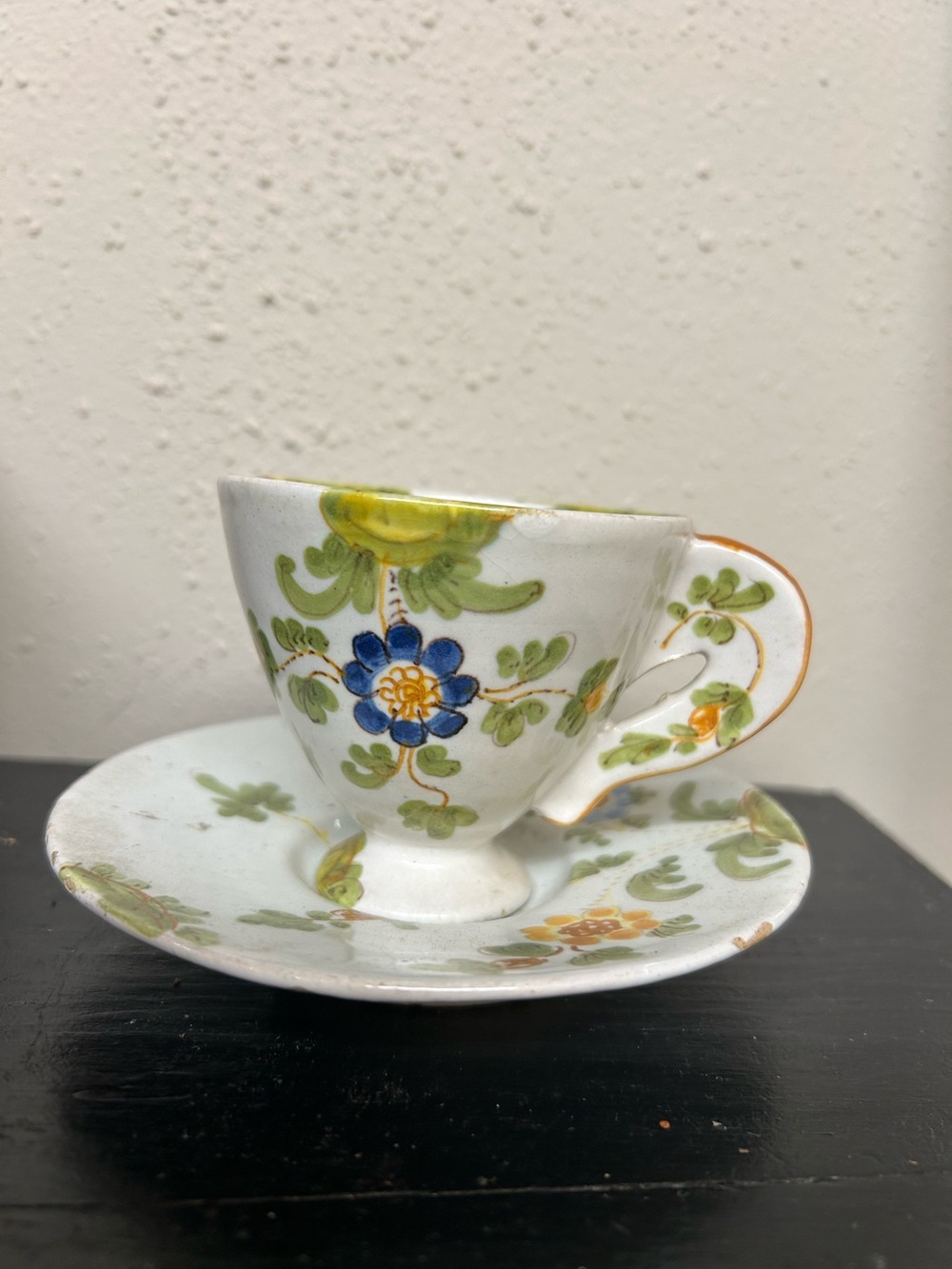 Hand-Painted Floral Porcelain Teacup and Saucer - Green, Blue, Yellow